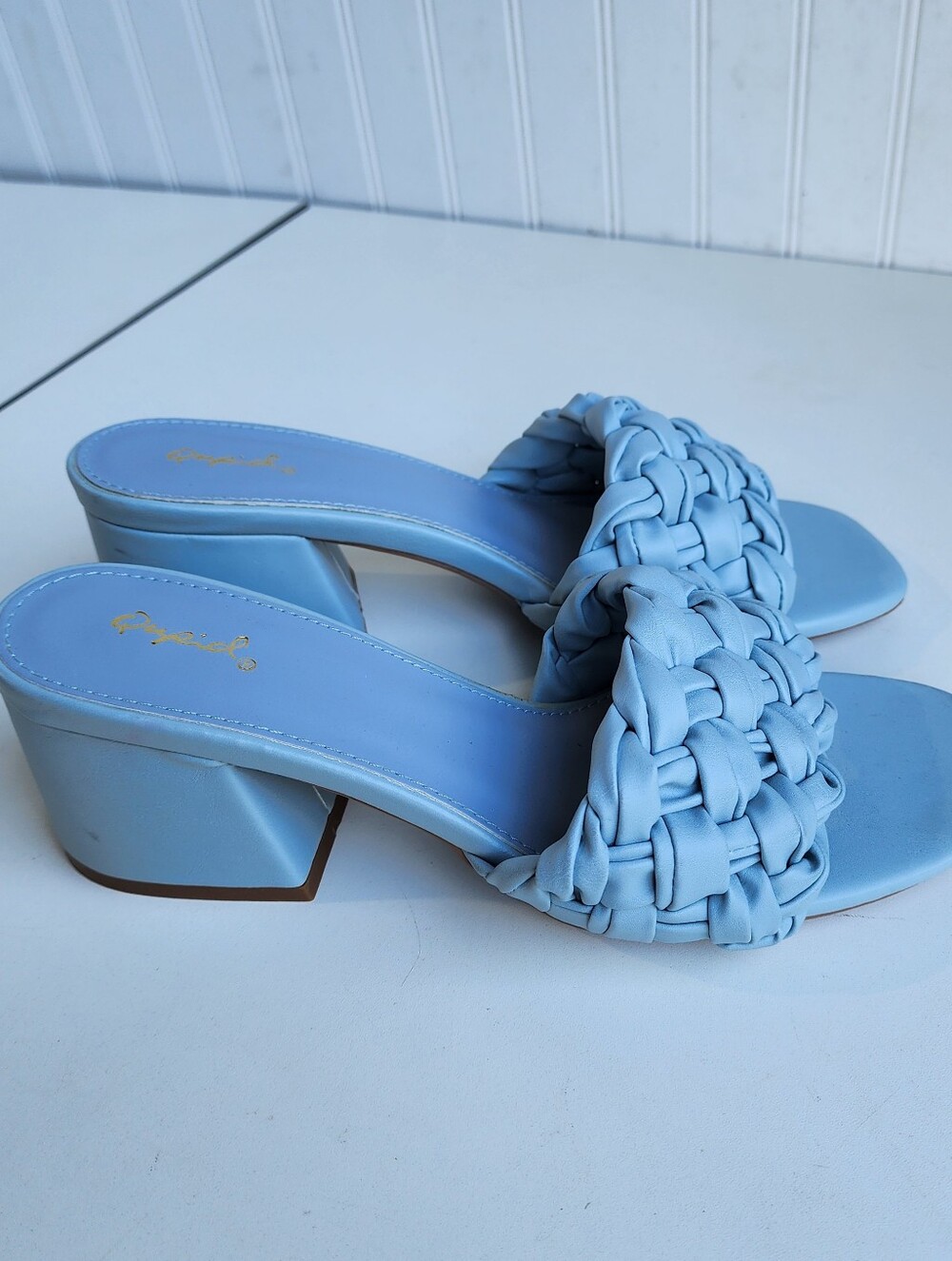 NWOT Qupid Thick Braided Woven Low Block Heels Blue Slip On Sz 10